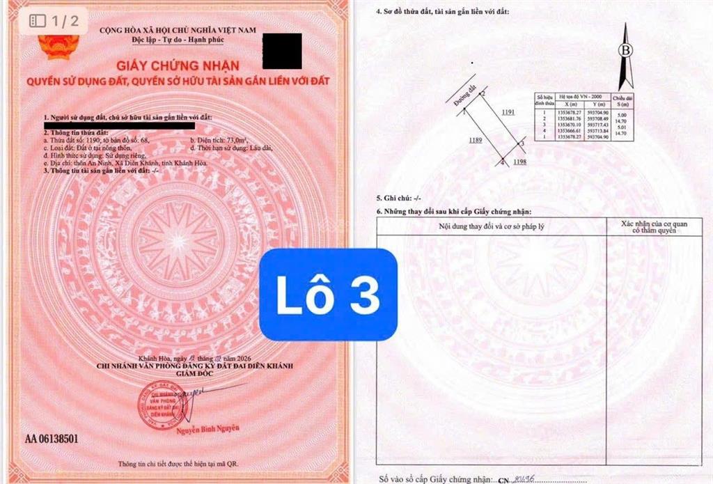 Bán đất thôn an ninh(xã diên an cũ), xã diên khánh, khánh hòa  cách võ nguyên giáp 1km