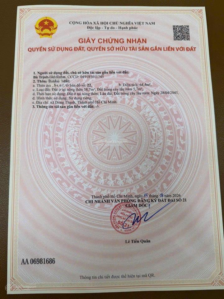 Bán lô đất thổ cư kdc hxh đường đặng thúc vịnh