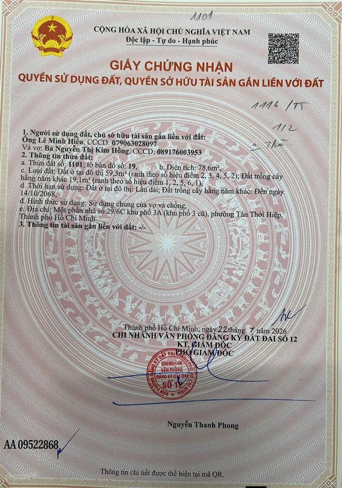 Đất thổ cư kdc hxh 2 mặt hẻm tân thới hiệp 15  giá tốt