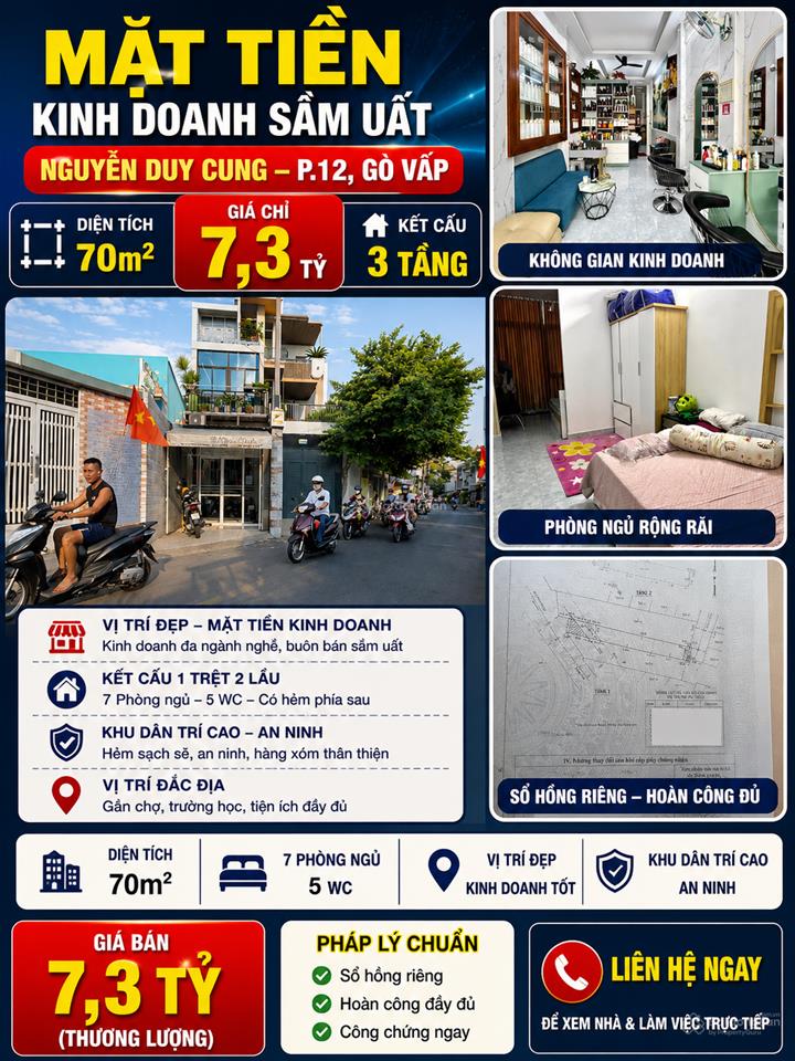 Mặt tiền kinh doanh 70m2  nguyễn duy cung 7,3 tỷ