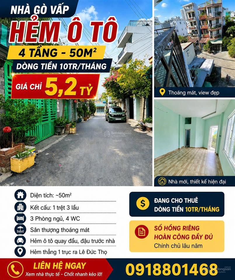 Gò vấp  hẻm ô tô  4 tầng  50m  chỉ 5,2 tỷ | dòng tiền 10tr/tháng