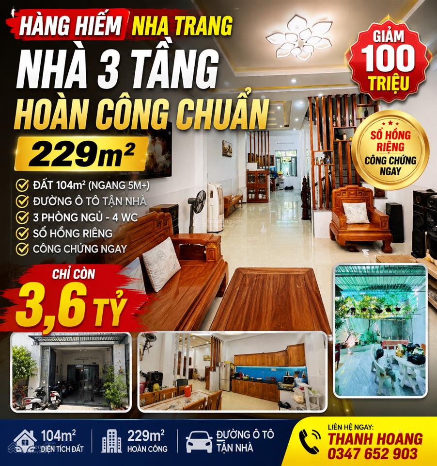 Hàng hiếm nha trang đất 104m, nhà 3 tầng hoàn công chuẩn 229m, đường ô tô, chỉ 3,6 tỷ