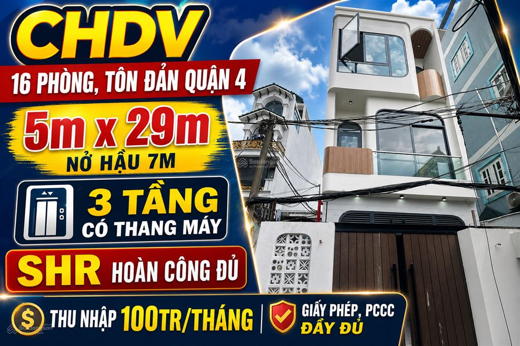 Cực hiếm! tôn đản, quận 4. chdv 16 phòng, 3 tầng thang máy, dòng tiền 100 triệu, shr, 16.9 tỷ