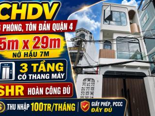 Cực hiếm! tôn đản, quận 4. chdv 16 phòng, 3 tầng thang máy, dòng tiền 100 triệu, shr, nhỉnh 16 tỷ