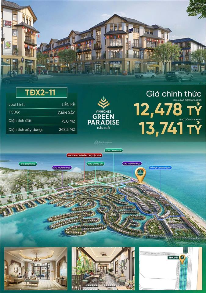 Bán shophouse vinhomes green paradise, giá cực chất 13,65 tỷ, 75m2, 6pn, 4wc