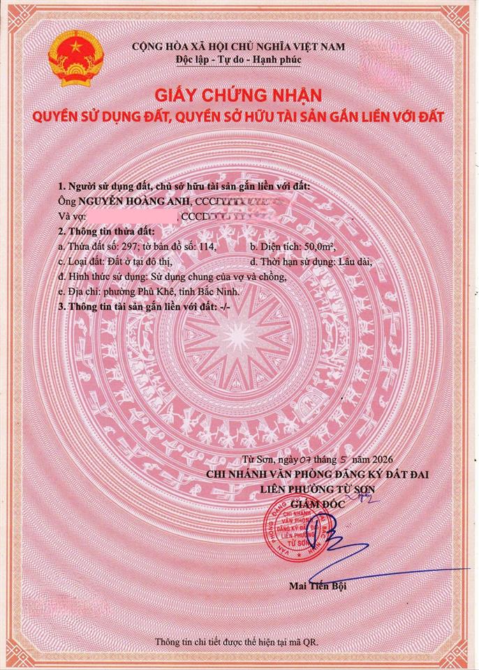 Chính chủ bán đất phố mai động, phù khê, bắc ninh, 50m, lô góc