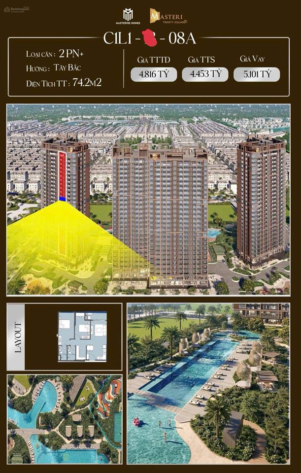 Chủ nhà cần tiền bán masteri trinity square, 4,8 tỷ, 74,2m2, 2pn, 2wc, pháp lý đầy đủ, bán bằng giá