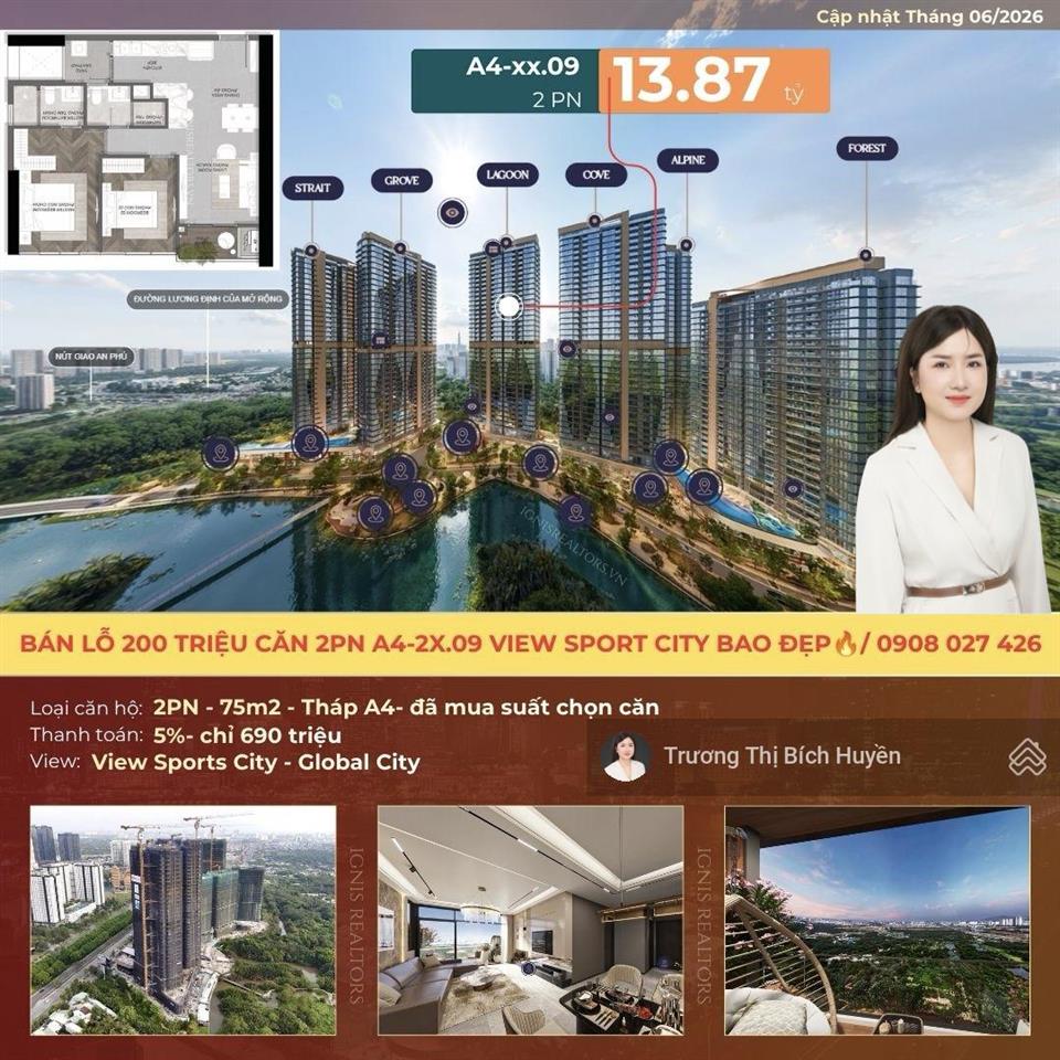 Cắt lỗ 200 triệu cho căn 2pn tháp a4 view sport city tầng cao siêu đẹp