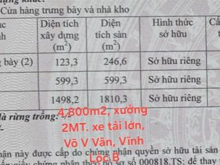 2 xưởng + 4.800m2 skc, 2mt đường 10m, đang ct 200tr võ v vân, v lộc b, bình chánh