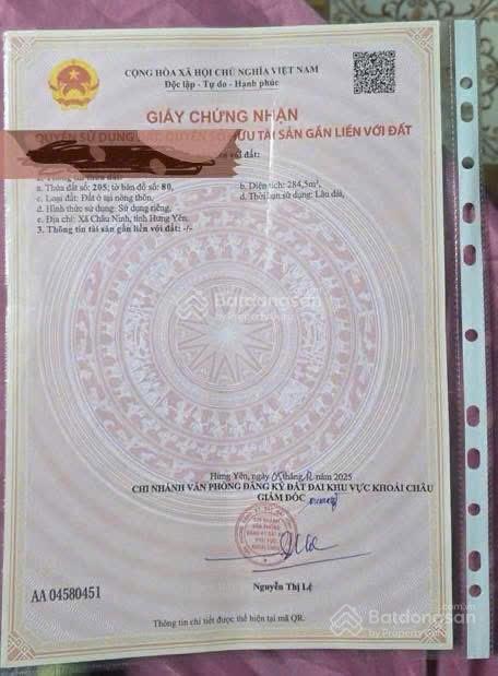 Chính chủ cần bán 284,5 m2 full thổ cư tại châu ninh khoái châu hưng yên (hàng dân bán)