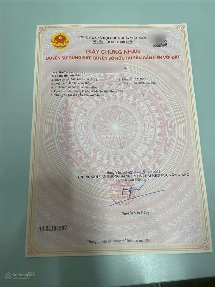 Bán nhanh 121m2 tại hoàng trạch mễ sở hưng yên, giá 3x triệu/ mét đất ở 100%