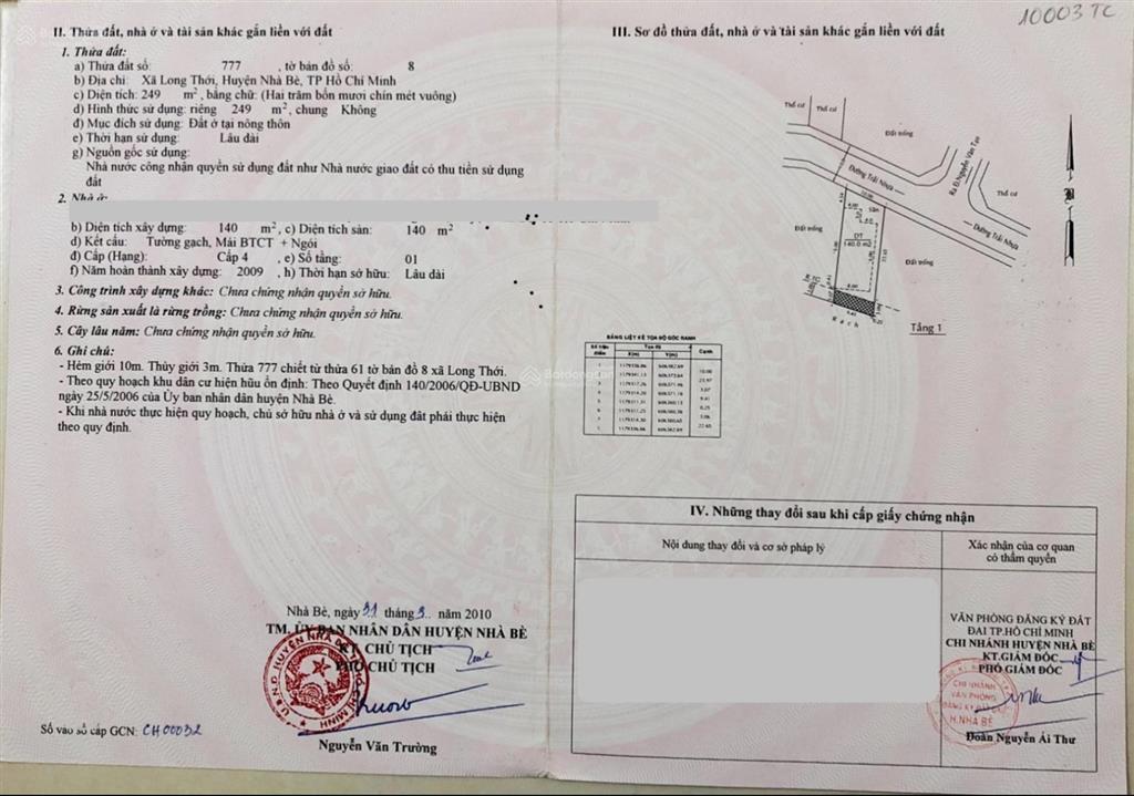 Bán nr hẻm 126 nguyễn văn tạo  long thới  nhà bè. 249m2  giá bán 10 tỷ 707 triệu (43 triệu / m2)