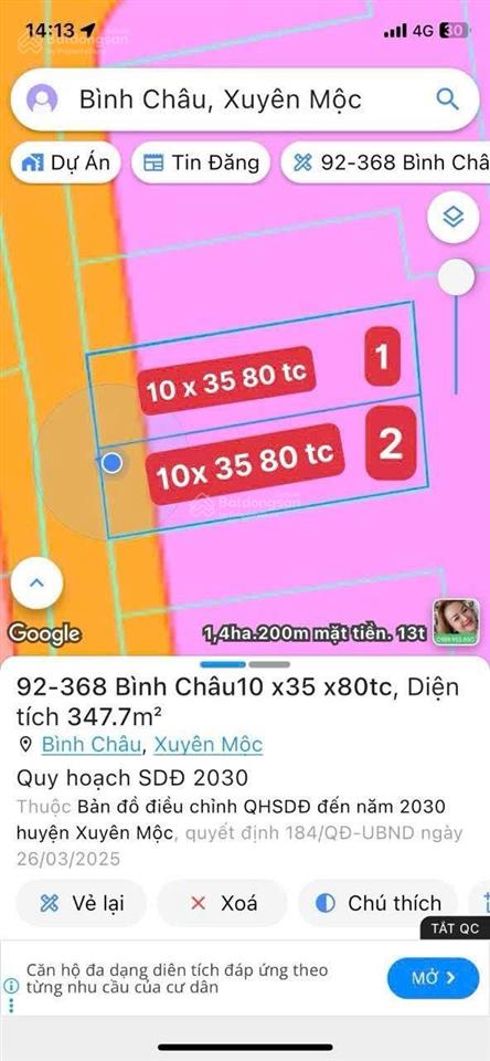 Gần trường học, ủy ban , gần biển, khu du lịch ngang 10m dài 35m có 80m thổ cư giá 1 tỷ 900 triệu