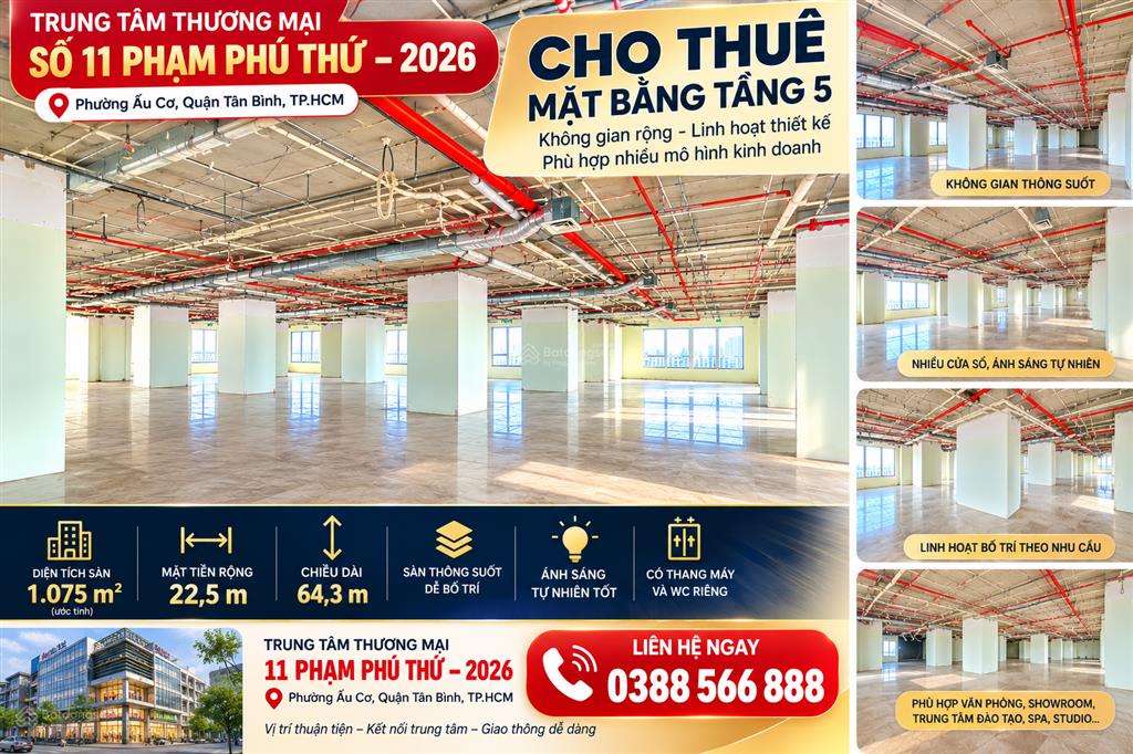Cho thuê mặt bằng trung tâm thương mại
địa chỉ số 11 phạm phú thứ, tp.hcm
vị trí tầng 5
diện tích