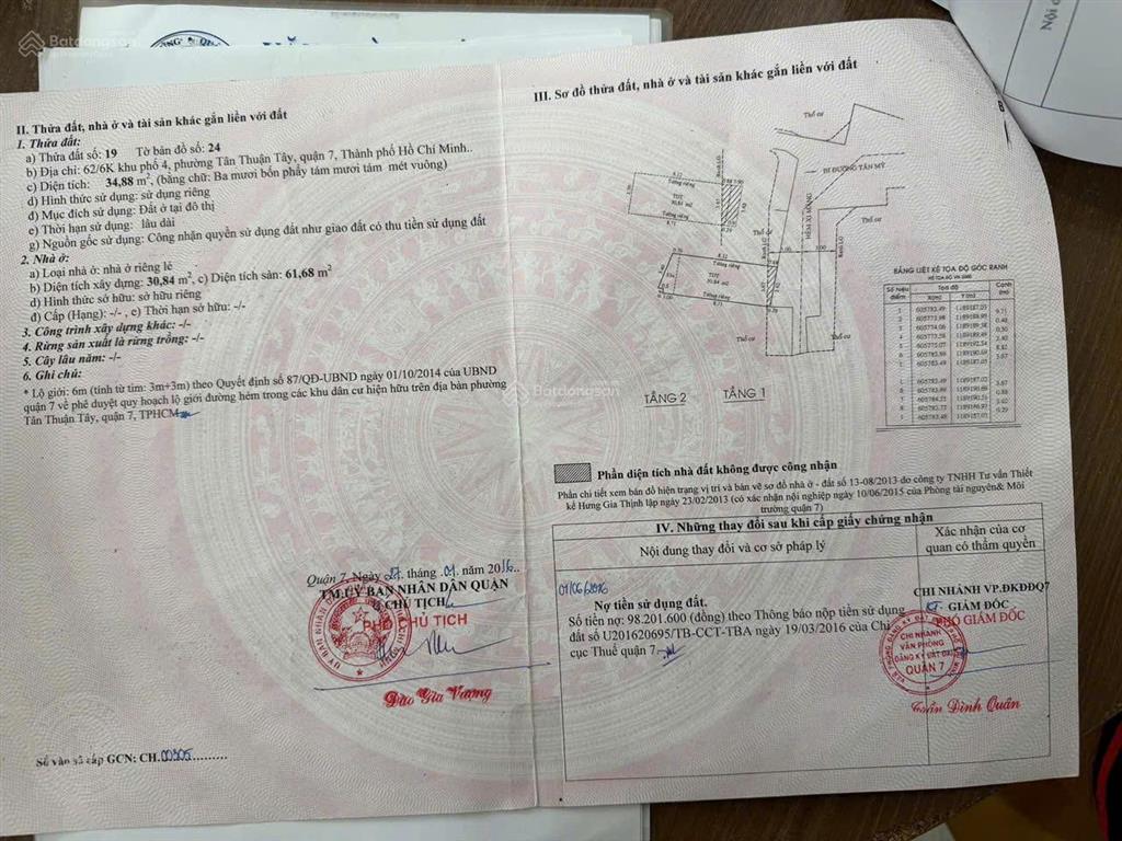 Bán nhà số 62/6k khu phố 4, đường tân mỹ, p. tân thuận tây, quận 7, hồ chí minh.