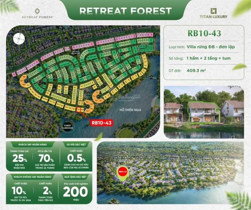 Biệt thự rừng 409m² eco retreat, 4 mặt thoáng, 3 mặt tiền, trực diện hồ thiên nga chiết khấu cao
