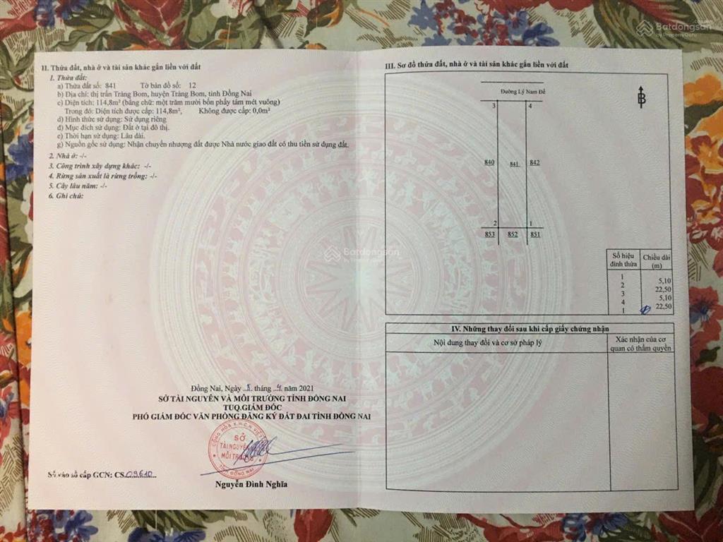 Bán đất tại lý nam đế, trảng bom, 2,85 tỷ, 114,8m2. chính chủ.