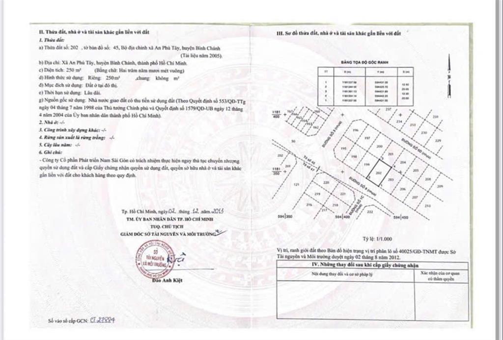 Bán nền biệt thự 250m² 30,5 triệu /m2 kdc an phú tây bình chánh tphcm đường số 8