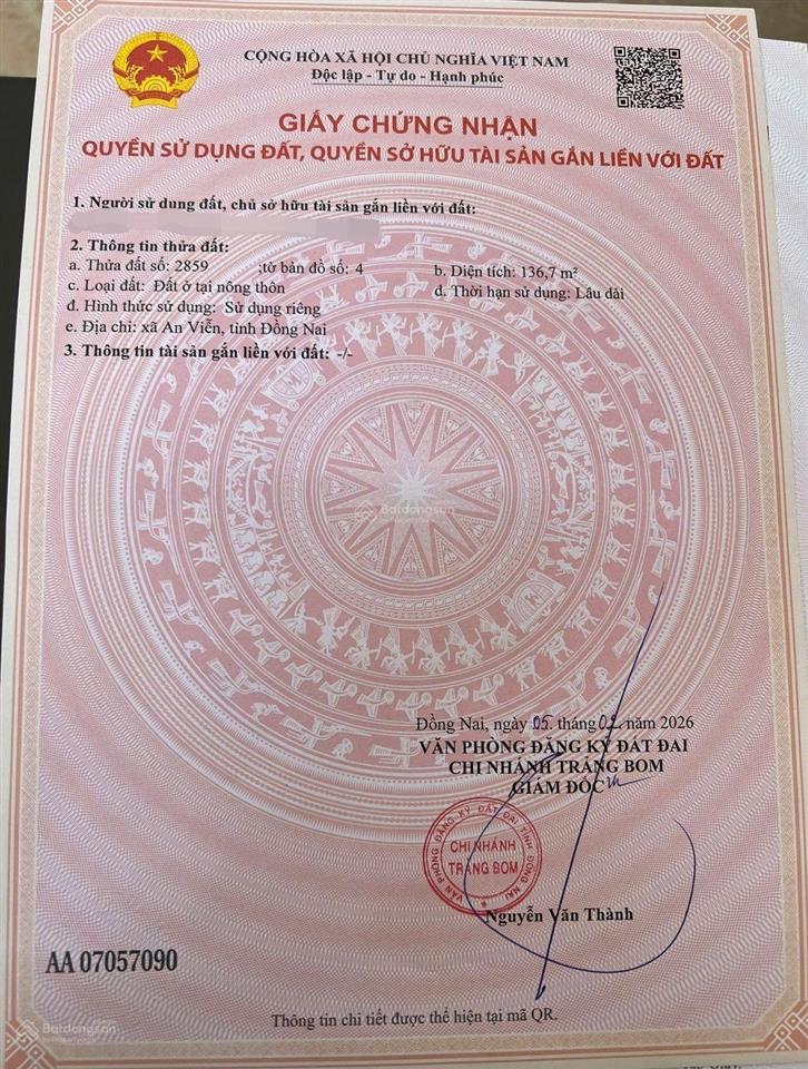 Bán đất nền diện tích 136,7m2 tại trần vĩnh lộc, an viễn, trảng bom, giá cực chất 1,29 tỷ