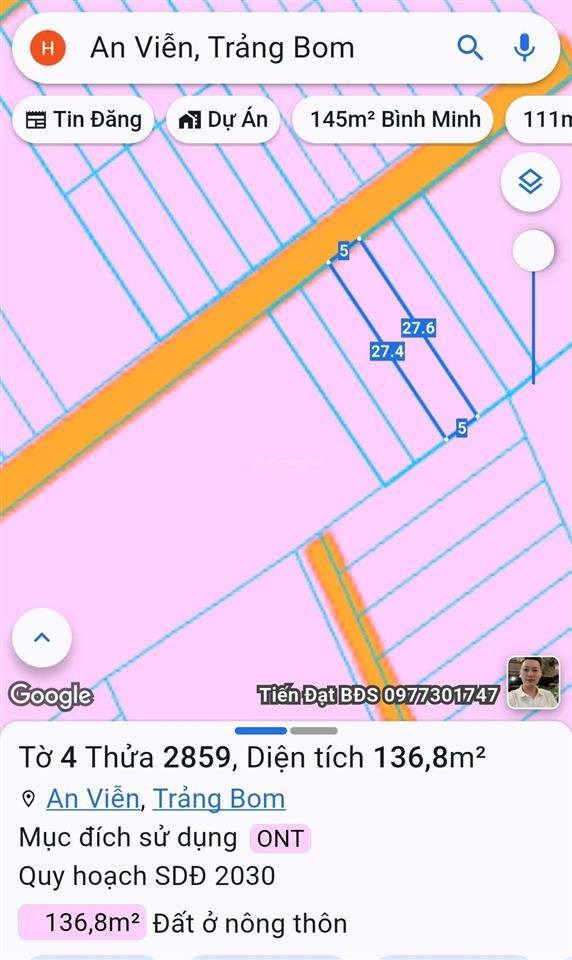Bán đất nền diện tích 136,7m2 tại trần vĩnh lộc, an viễn, trảng bom, giá cực chất 1,29 tỷ