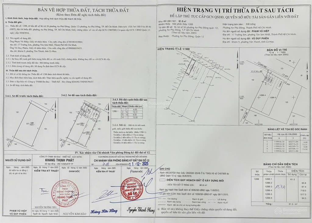 Bán đất hẻm 140/98 đường vườn lài phường an phú đông tphcm 4 x 15.5m  thổ cư 61.5m giá 5.25 tỷ tl