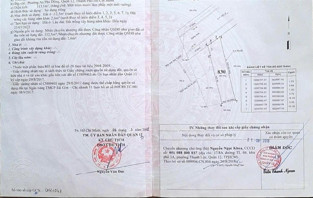 Bán đất mặt tiền rạch gần công an phường an phú đông dt  112,5 m2 (5 x 23) full thổ giá 7.7 tỷ