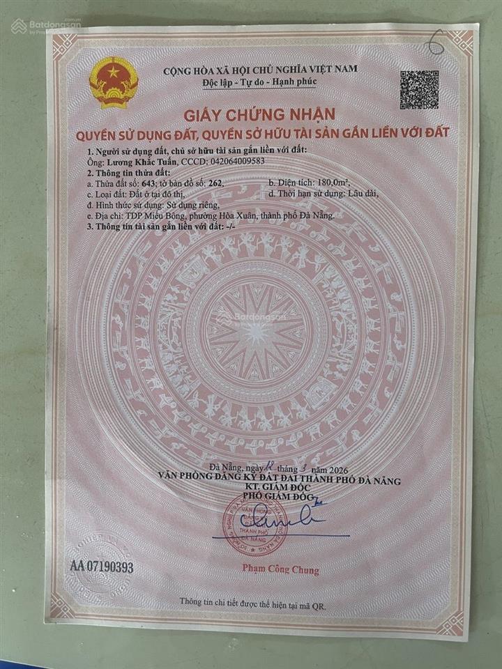 Bán lô đất tđc miếu bông hoà xuân diện tích 180m2 thích hợp xây nhà vườn,