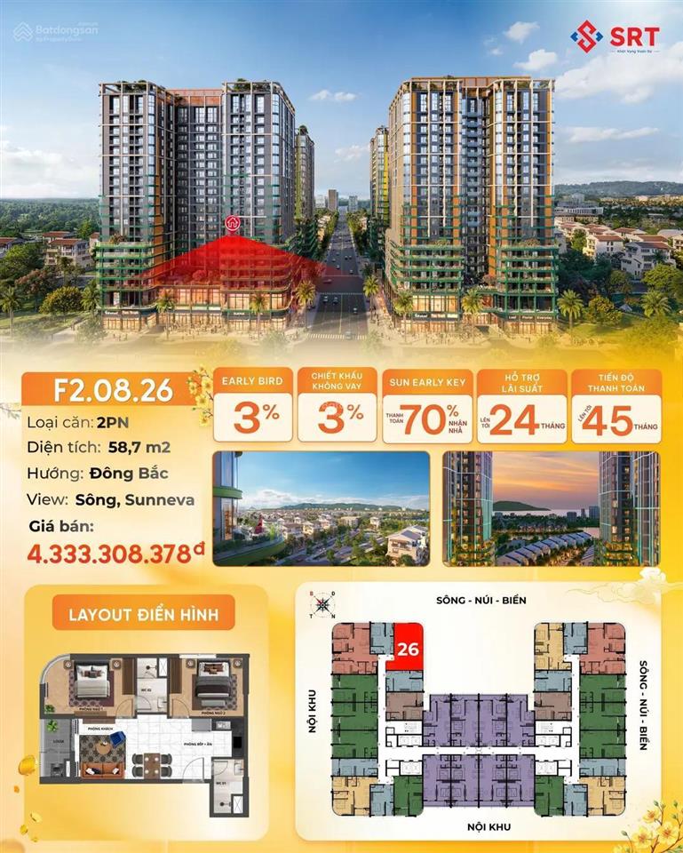 Bán căn hộ fours tower 2pn, 58,7m2, hướng đông bắc, view sông, sunneva, tt nhanh chỉ còn 3.59 tỷ