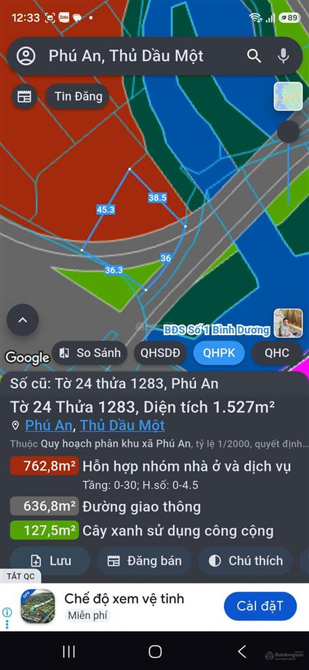 Bán đất mặt tiền sông 1.527m2 tại phú an, bình dương