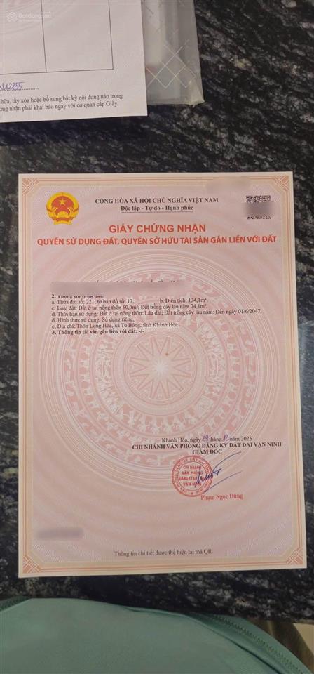 Cần bán gấp lô đất đẹp mặt tiền đường bê tông tu bông  khánh hoà