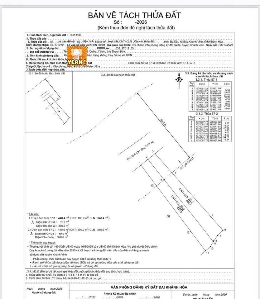BÁN 2 LÔ LIỀN KỀ MT TỈNH LỘ 8 KHÁNH BÌNH , KHÁNH VĨNH . DT 448 và 420m2 , CÓ THỔ CƯ . GIÁ TỪ 385 TRIỆU/Lô