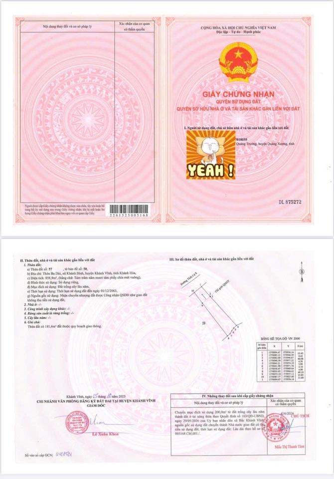 BÁN 2 LÔ LIỀN KỀ MT TỈNH LỘ 8 KHÁNH BÌNH , KHÁNH VĨNH . DT 448 và 420m2 , CÓ THỔ CƯ . GIÁ TỪ 385 TRIỆU/Lô