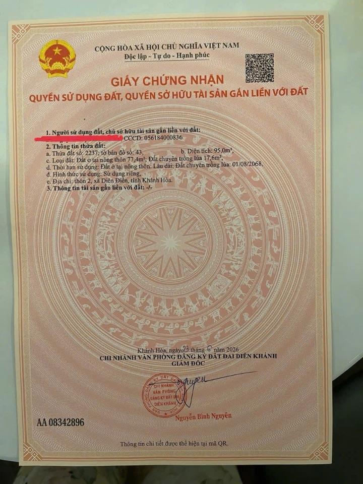 BÁN LÔ ĐẤT ĐẸP Ở DIÊN PHÚ , DIÊN KHÁNH . DT 95m2 , FULL THỔ . ĐƯỜNG BETONG THÔNG . GIÁ 849 TRIỆU 