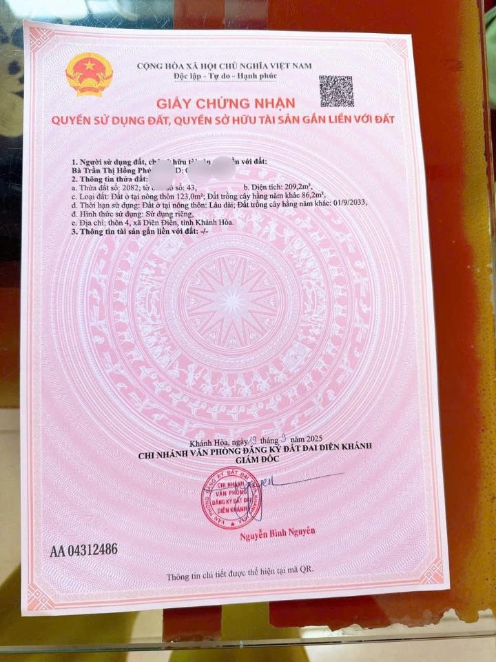 Bán lô đất mặt tiền Hương Lộ 45 Diên Phú , DIÊN KHÁNH . DT 209m2 có 123m2 thổ cư . GIÁ CỰC RẺ CHỈ 1 TỶ 750 TRIỆU 
