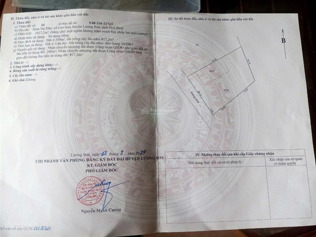 Bán đất xã cao sơn, lương sơn, hòa bình, diện tích 1017m2, khu vực tăng trưởng mạnh, giá chỉ 1.7 tỷ