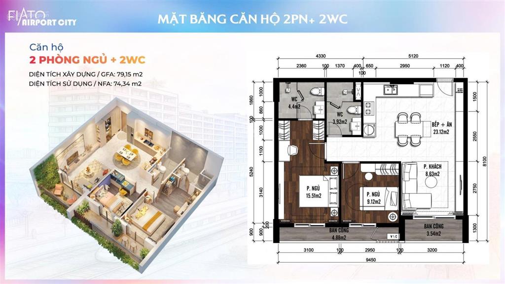 Căn hộ fiato airport city, 2 phòng ngủ, 79m², tầng cao, view cực đẹp, giá gốc cđt, tt theo tiến độ