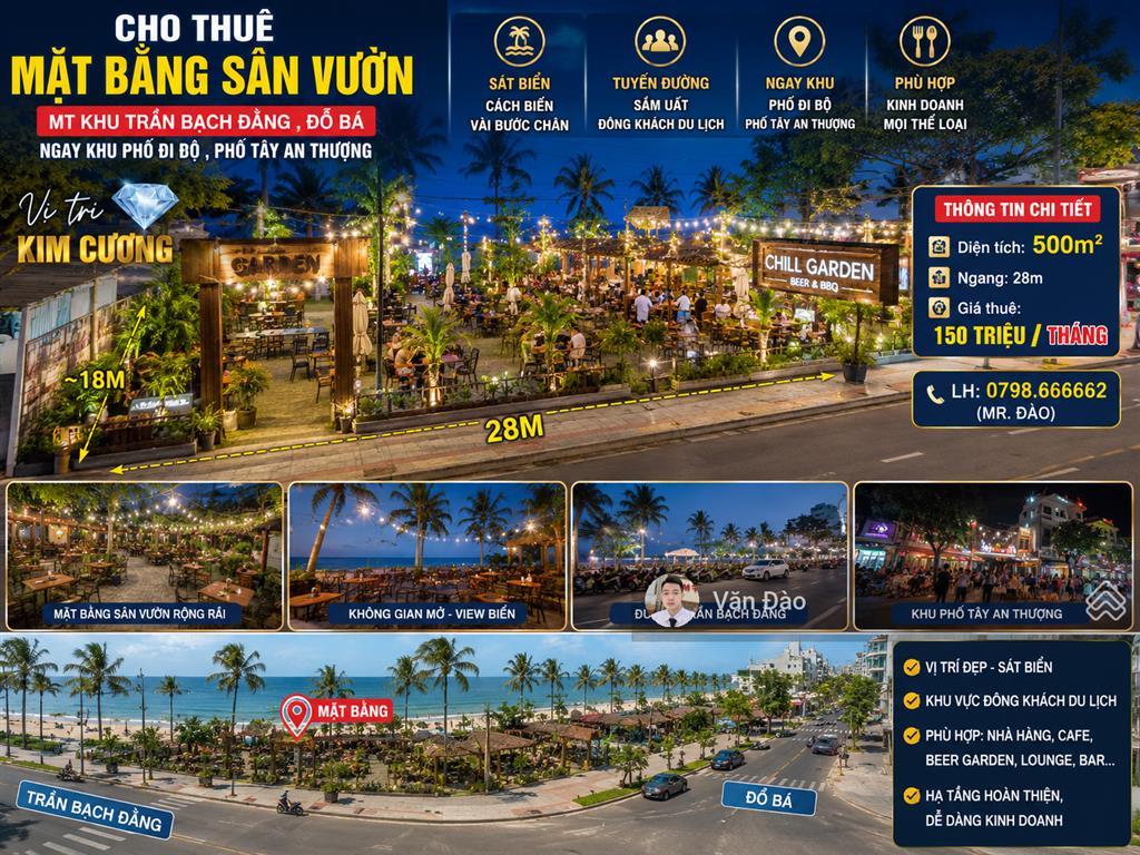 Mặt bằng sân vườn dt 500m2, ngang 28m, gần trần bạch đằng, gần biển, khu đông khách du lịch