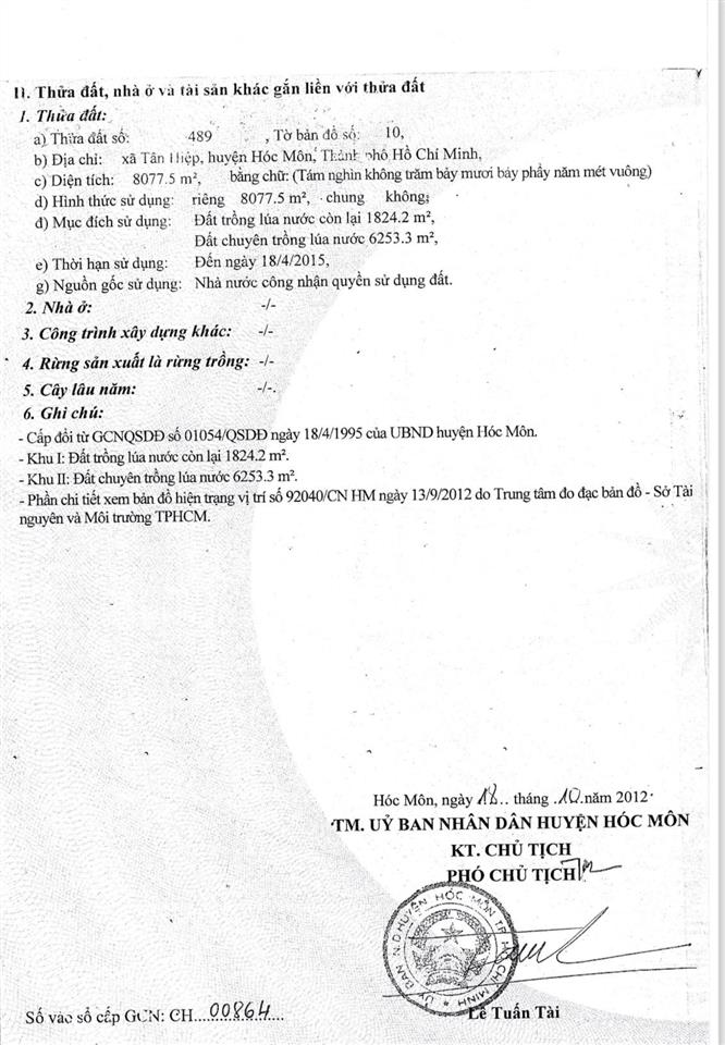 Bán đất tại xã tân hiệp, 210 tỷ, 8077 m2, hóc môn, hcm