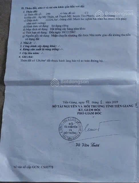 Bán đất tại xã thạnh mỹ, tân phước, tiền giang, giá 10,5 tỷ, 12224 m2