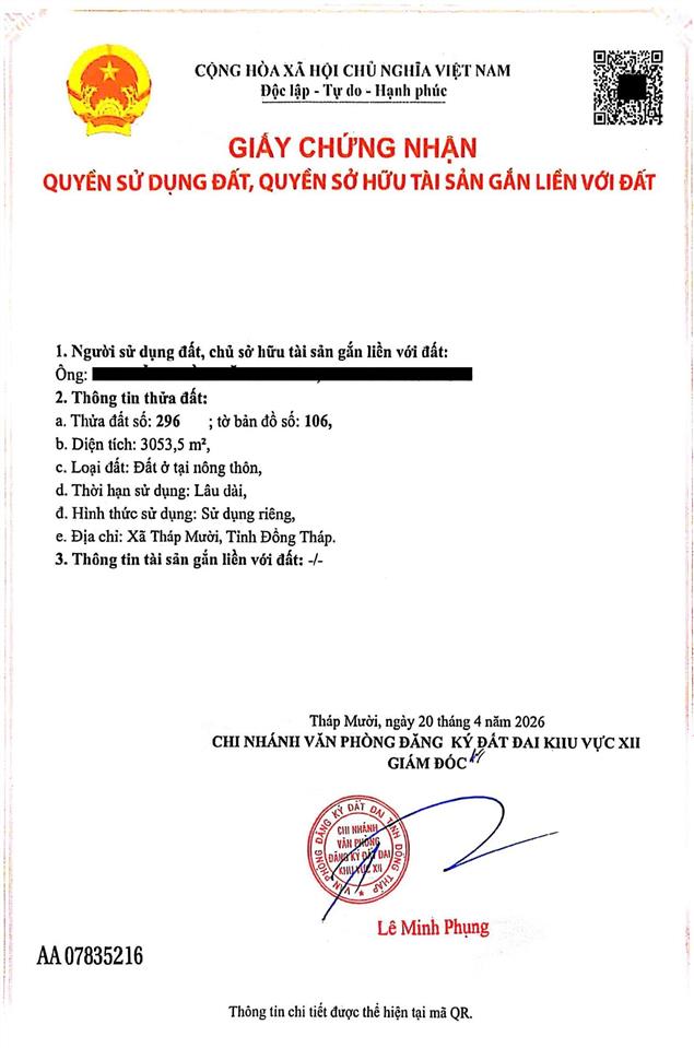 Bán đất tại xã mỹ hòa, tháp mười, đồng tháp, 16 tỷ, 3053.5 m2