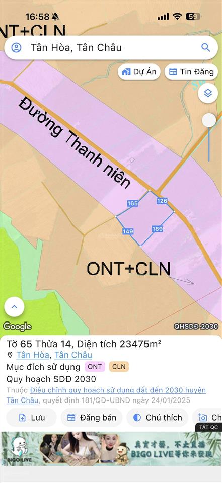 Bán đất mặt tiền dh thanh niên, tân hòa, tân châu, tây ninh