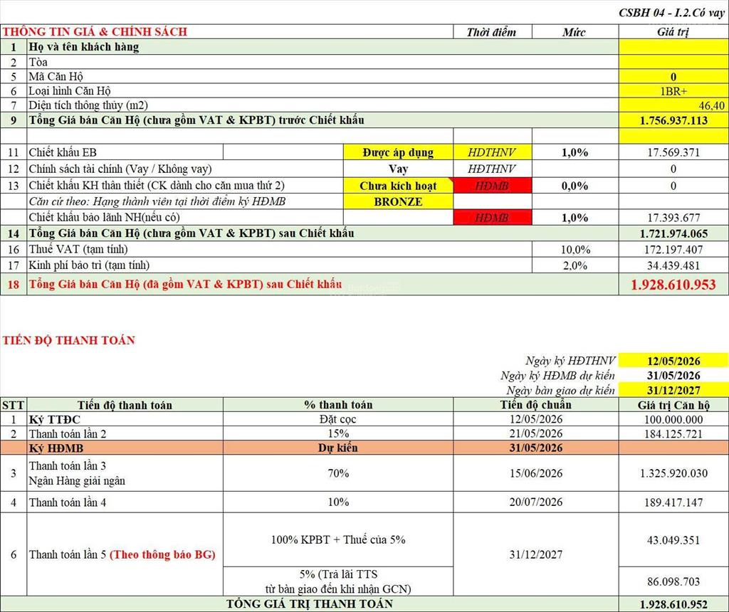 Căn 1br+ tối ưu 3 ngủ  giá rẻ nhất trên bảng hàng hiện tại, tầng trung. không còn căn rẻ hơn