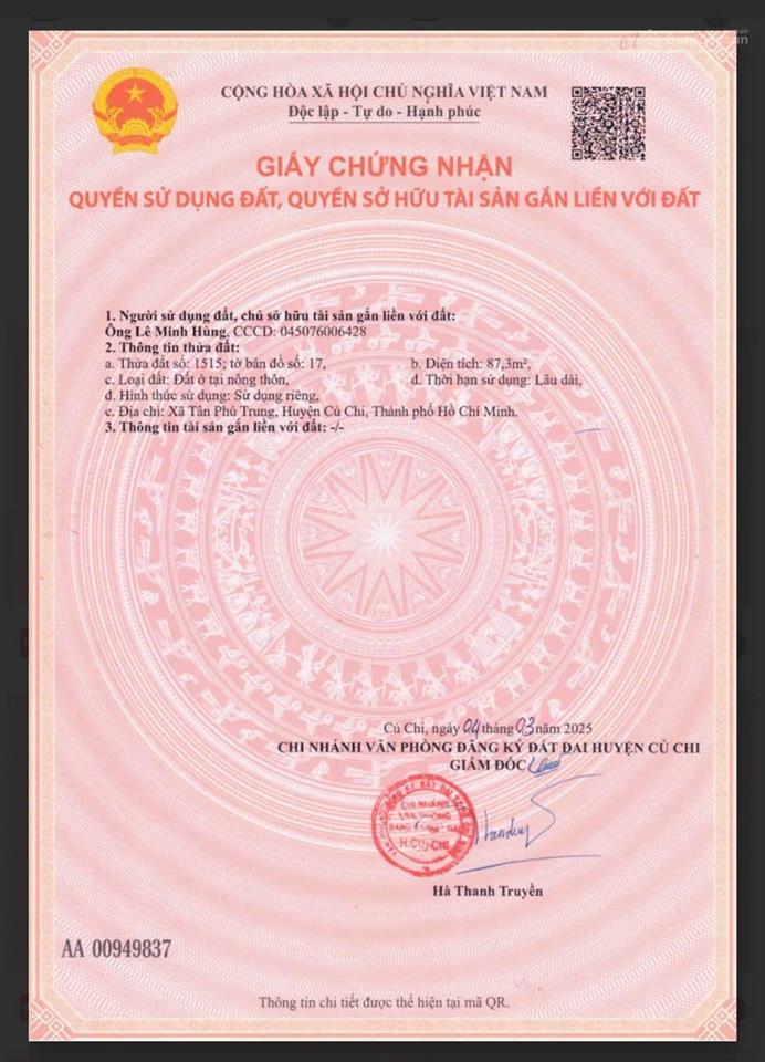 Bán lô đất 2 mặt tiền trước sau 87,3m2 full thổ cư qh hiện hữu tân phú trung củ chi