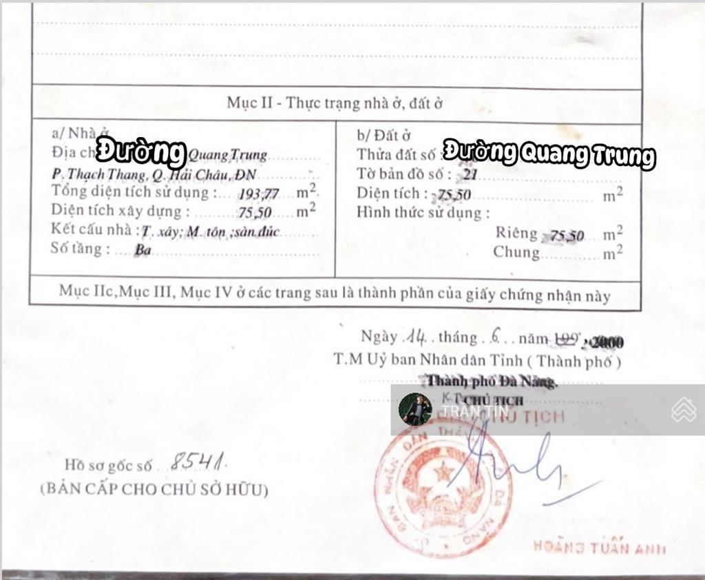 Căn nhà 3 tầng mặt tiền đường quang trung, ngay bệnh viện c đà nẵng