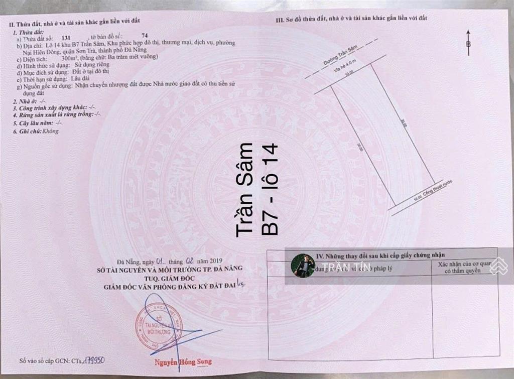 Lô đất mặt tiền đường trần sâm, ngay nhà hàng chân trời góc bể