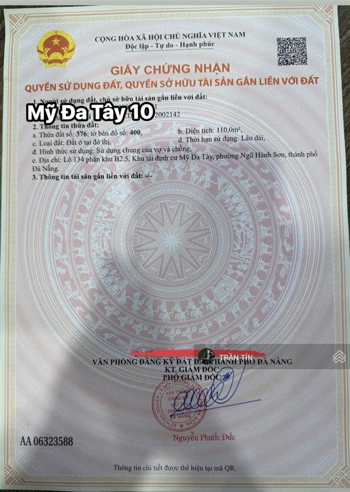 Lô đất mặt tiền đường mỹ đa tây 10. ngay khu đô thị nam việt á. cách sông hàn 400m