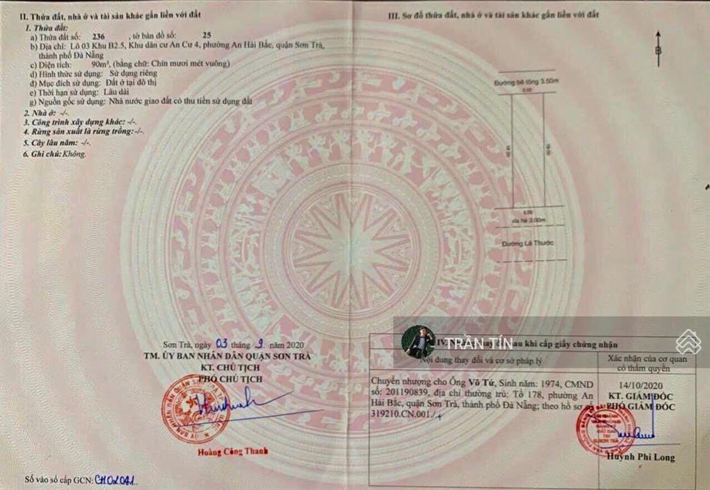 Lô đất mặt tiền đường lê thước. cách biển 400m. diện tích 90m2. giá bán 16 tỷ