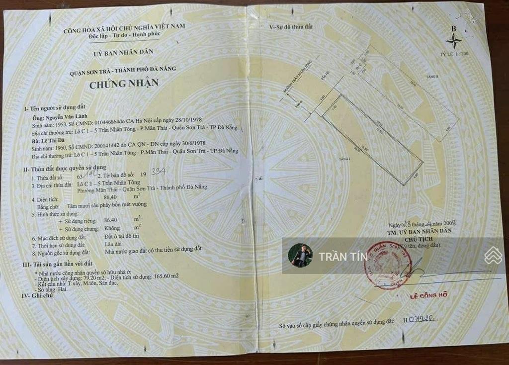 Căn nhà 2 tầng đường trần nhân tông. diện tích 86m2. đường 15m. hướng tây bắc. giá bán 12 tỷ