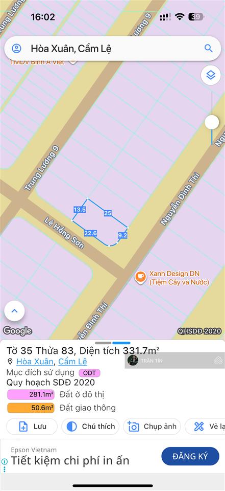 Lô đất hiếm 3 mặt tiền đường nguyễn đình thi & lê hồng sơn & trung lương 9, hoà xuân