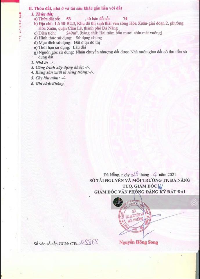 Lô đất mặt tiền đường tôn thất dương kỵ. hoà xuân. vị trí đẹp đối diện công viên